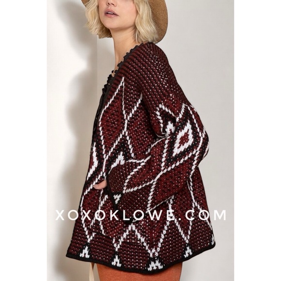 POL Burgundy Diamond Pattern Chunky Knit Cardi Relaxed Fit - Picture 10 of 13